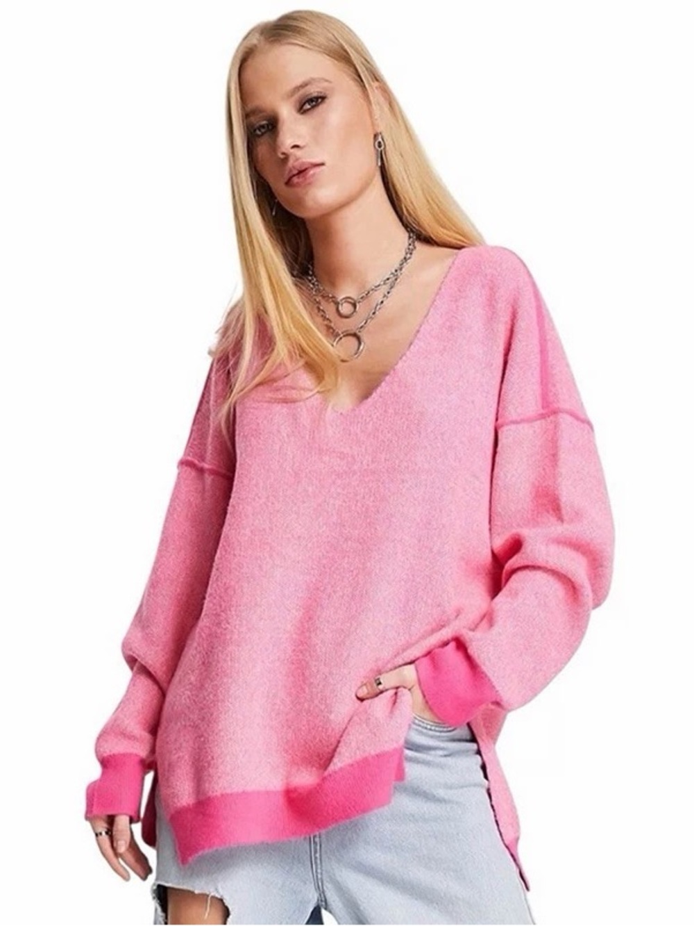 NEW Free People Sweater Weather V Neck in Hot Pink Combo size L
